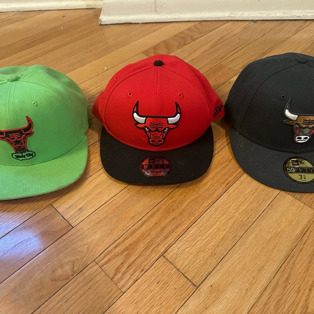 New Era Red, Green, and Black Bulls Caps